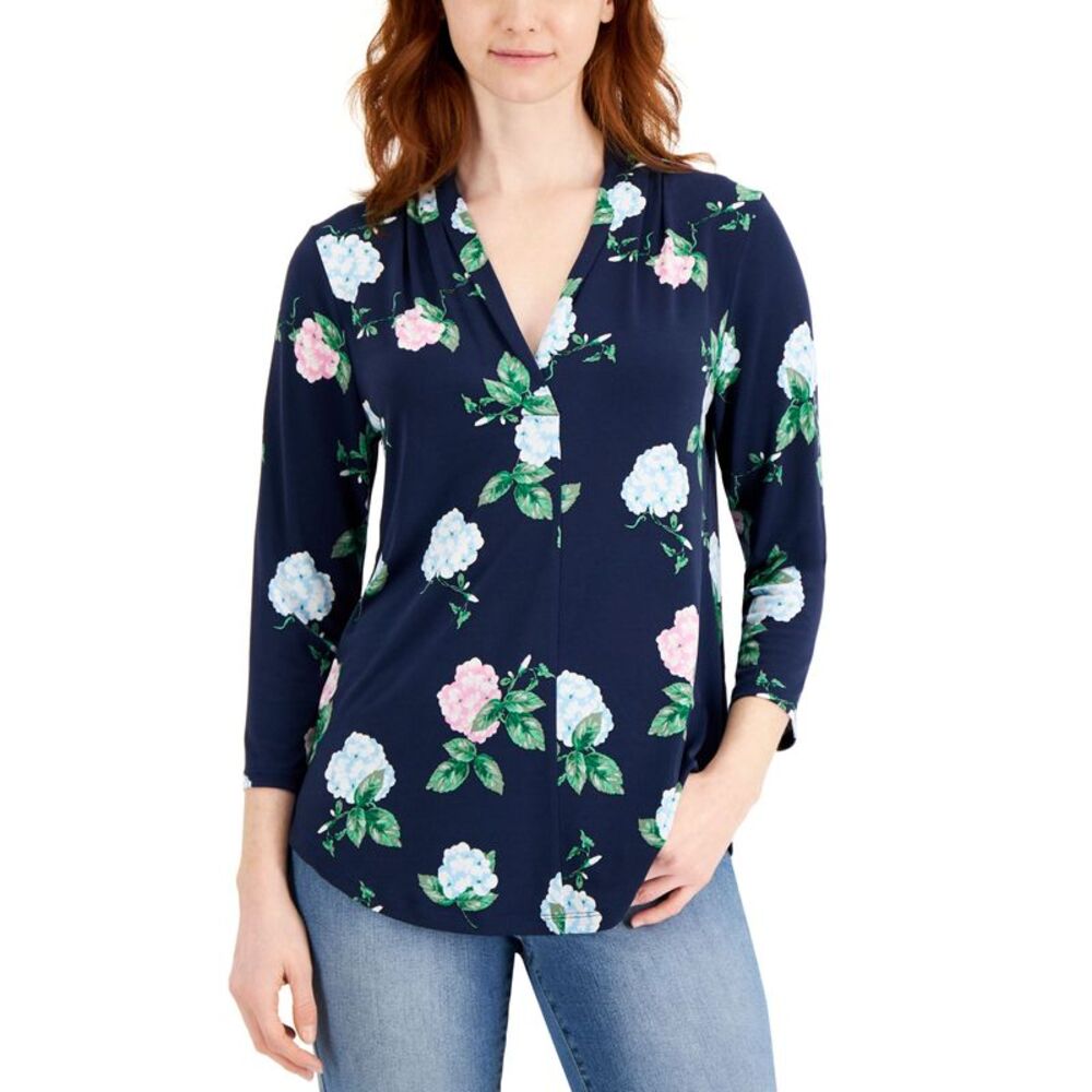 Charter Club Floral Print 3/4 Sleeve Knit Top
